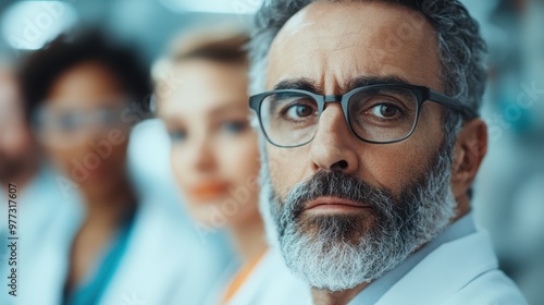 A thoughtful male doctor with glasses looks into the distance in a hospital, contemplating healthcare decisions with clinical expertise and commitment to patient care.