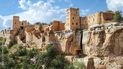 Ancient cliff dwelling in Mesa Verde, Colorado: The ancient cliff dwellings of Mesa Verde are carved into the rock face, their preserved ruins offering a glimpse into the lives of the Ancestral  photo