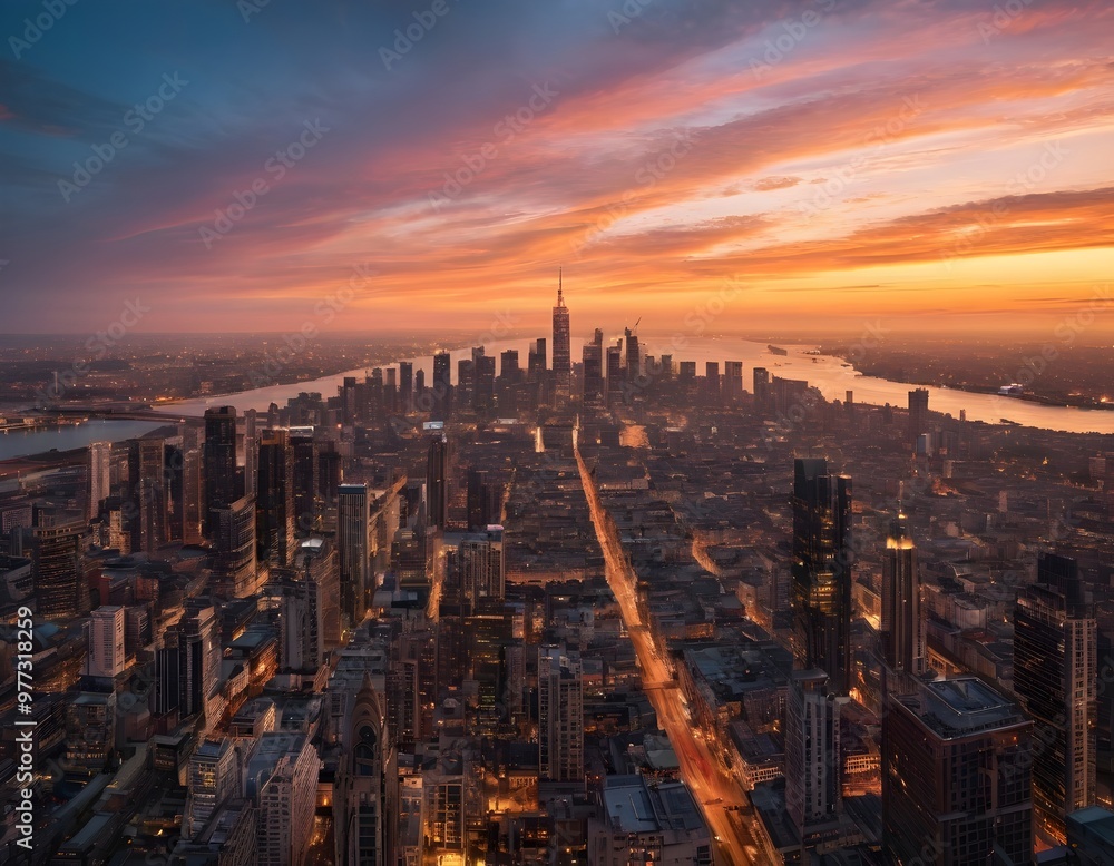 Obraz premium Cityscape at Sunset with Stunning Aerial View
