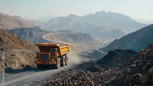 Mineral Exploration in Saudi Arabia: Rocky Terrain, Highlands, Mountain Peaks, and Natural Coal Mines with Cargo Trucks