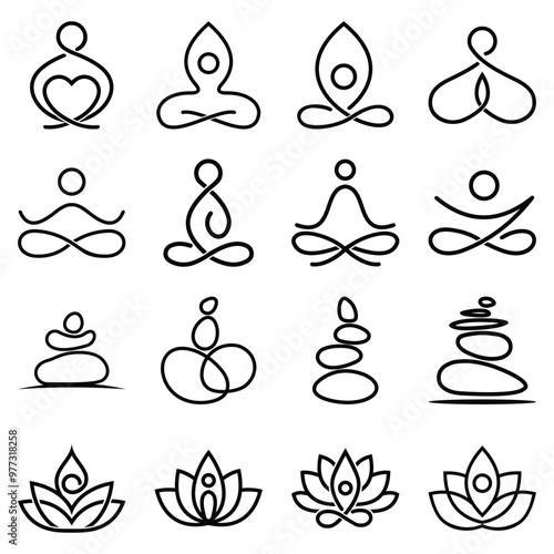 Meditation icons set logo design template. Preemptions for meditation, a technique for emotional and mental relaxation, linear icon collection. Line with editable stroke photo