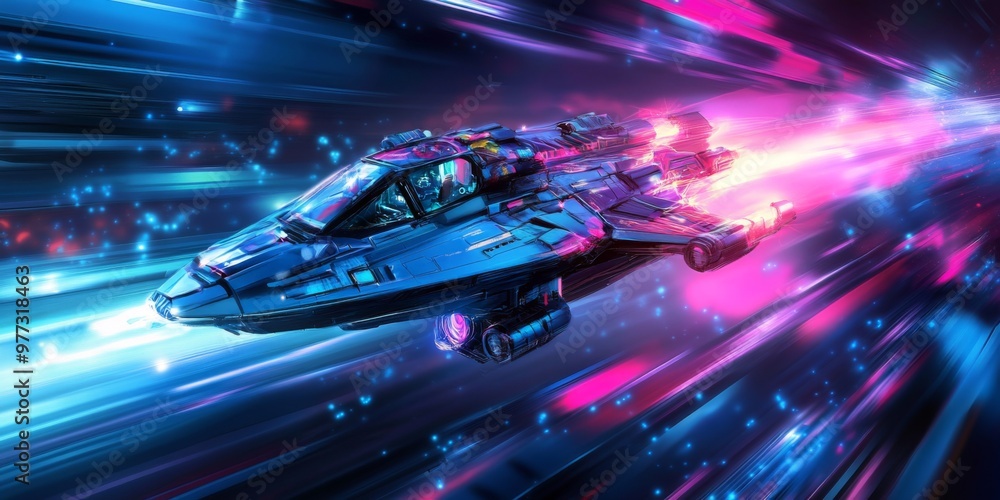 Fototapeta premium spaceship at maximum speed, advanced aircraft at high speed through the atmosphere, passing through time