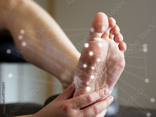 A reflexology massage is being performed on persons foot, highlighting connection between foot and various body points. This soothing treatment promotes relaxation and well being