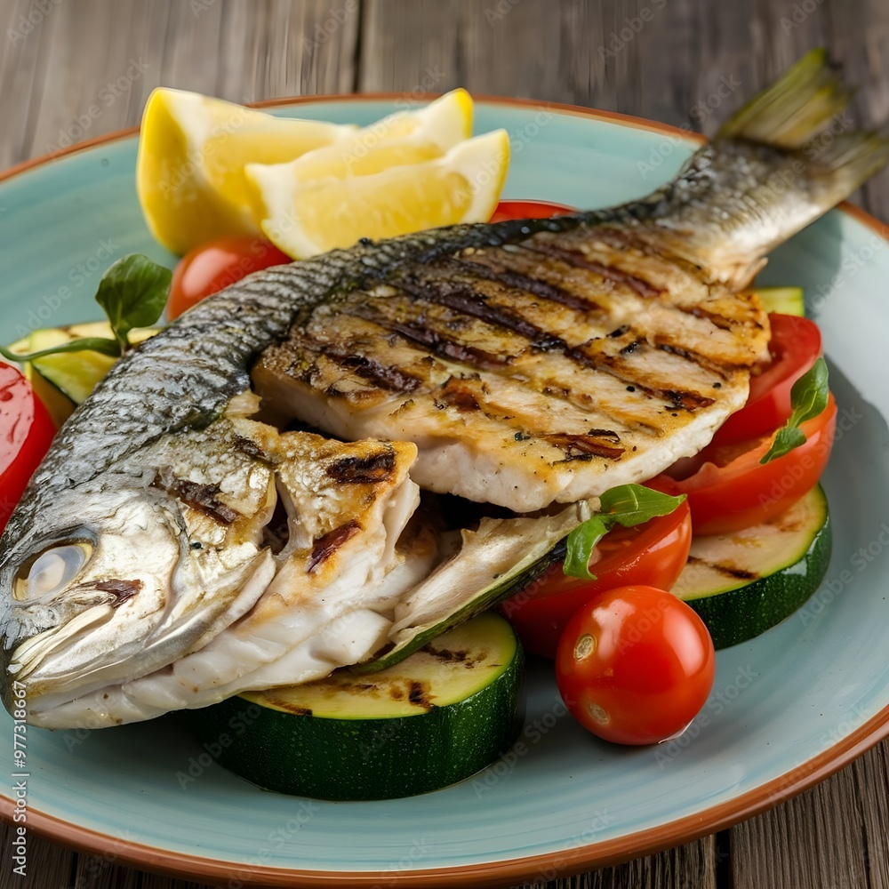 Healthy Grilled Fish Dish with Vegetables and Lemon Wedges on Wooden Surface Healthy Grilled Fish Dish with Vegetables and Lemon Wedges on Wooden Surface
