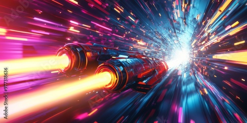 Fototapeta Naklejka Na Ścianę i Meble -  spaceship at maximum speed, advanced aircraft at high speed through the atmosphere, passing through time