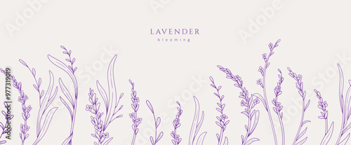Background with lavender calligraphic design elements and graceful branches. Wedding wildflowers for invitation save the date card. Botanical feminine rustic vector illustration