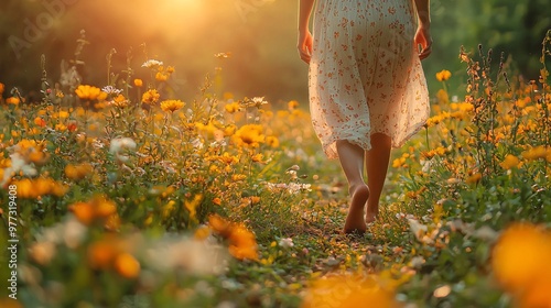 Create an image of a pregnant mother walking barefoot in nature, symbolizing grounding and connection
