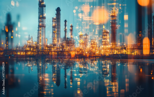 Wallpaper Mural A vibrant industrial complex at dusk, showcasing modern refinery structures and their reflections on a calm water surface, illuminated with stunning lights. Torontodigital.ca