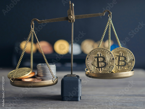 A photo of set of scales balancing Bitcoin and coins, symbolizing value of cryptocurrency. image captures essence of financial decision making and investment photo