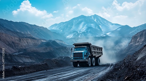 Mineral Exploration in Saudi Arabia: Rocky Terrain, Highlands, Mountain Peaks, and Natural Coal Mines with Cargo Trucks photo