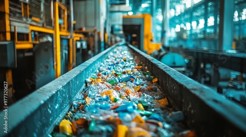 Conveyor belt with plastic waste in a recycling facility.