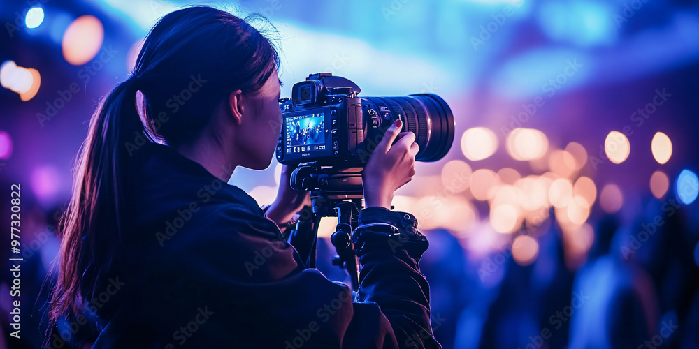 A photographer captures the energy of a concert with their camera. A photographer captures the energy of a concert with their camera.