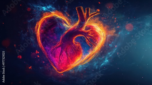 A heart depicted in digital art, using bold colors and high-tech effects to create a modern love symbol.