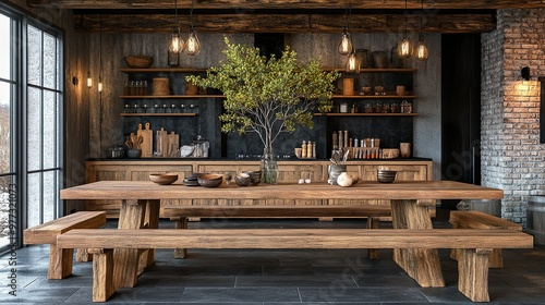 Bright dining room showcasing elegant pictures of a rustic dining table picture