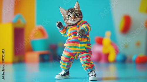 Portrait of a stylish cat dancing in kids outfit on a colorful toyroom background with field of depth, wearing stylish sneakers