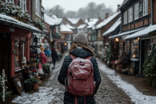 A person with a backpack wanders through a quaint snowy village, surrounded by charming buildings and cobblestone streets, embracing the winter season.