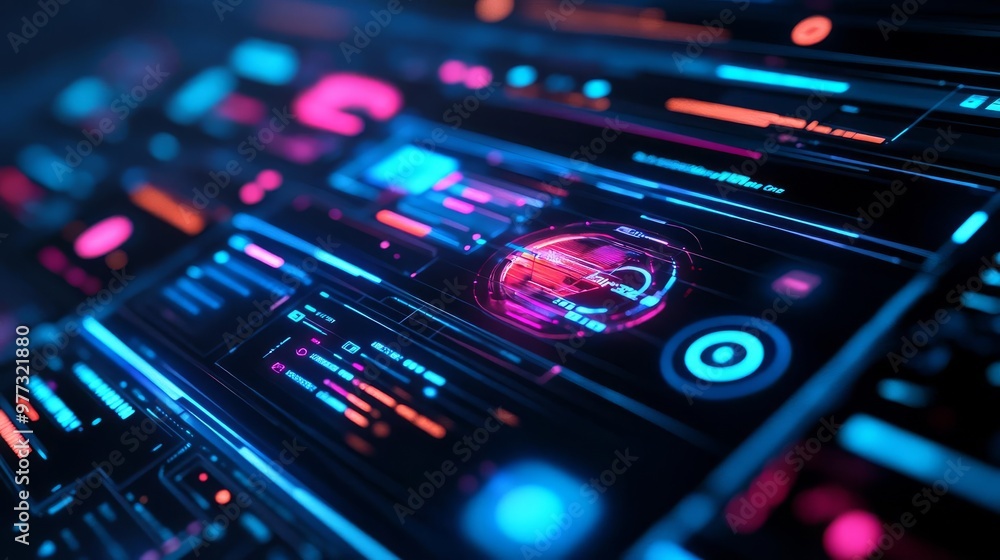 Obraz premium Holographic software design tools, dynamic UI elements, futuristic digital canvas