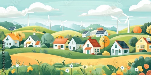 illustration of Green enterprises that rely on renewable energy can reduce climate change and global warming. without any emissions of carbon dioxide, a clean environment