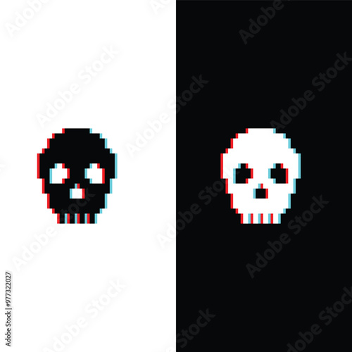 glitch Skull icon 8 bit, pixel pirate icon for game logo.