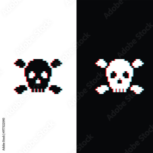 glitch Skull icon 8 bit, pixel pirate icon for game logo.