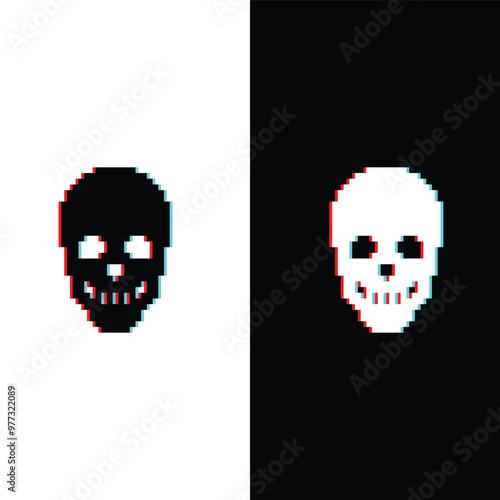 glitch Skull icon 8 bit, pixel pirate icon for game logo.