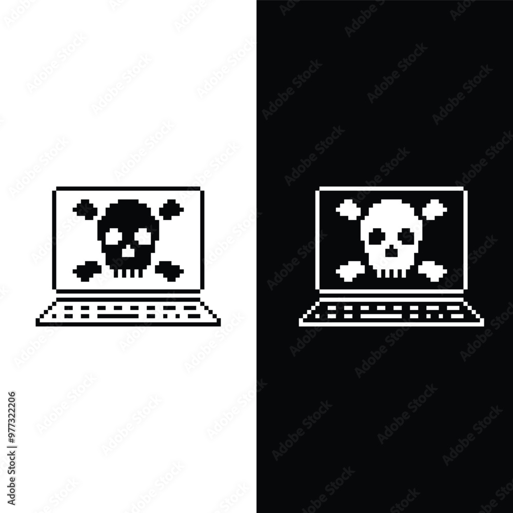 pixel laptop with Virus skull icon. Vector pixel art Hacker cyber computer pc 8 bit logo for game