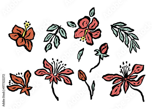 Set of abstract inky jungle flowers sketches isolated on white. Hand drawn doodle florals. Botanical illustrations bundle