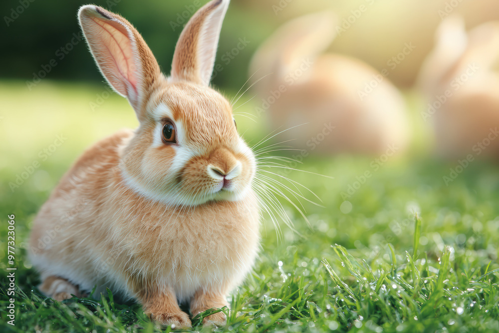 Cute brown rabbit sitting on grass on a sunny day with blurred bunnies in background. Perfect for spring, nature, and pet-themed s. Cute brown rabbit sitting on grass on a sunny day with blurred bunnies in background. Perfect for spring, nature, and pet-themed s.