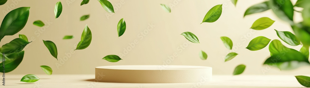 Floating green leaves around an empty beige podium, creating a natural, fresh ambiance suitable for eco-friendly and organic product presentations. Floating green leaves around an empty beige podium, creating a natural, fresh ambiance suitable for eco-friendly and organic product presentations.
