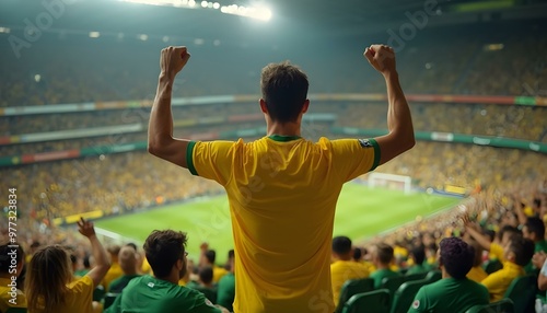 A Brazilian football soccer fan cheering and waving his hands in a stadium filled with a lively crowd