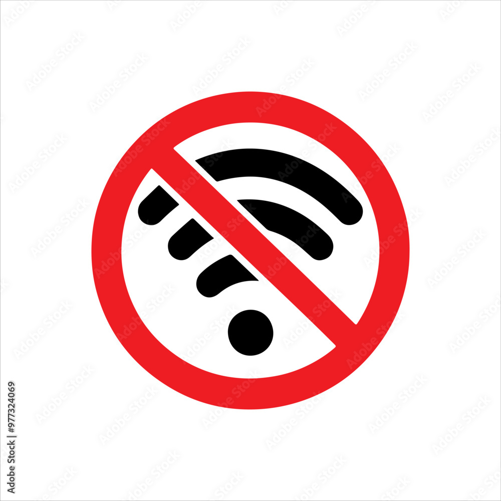Red prohibition sign with no wifi icon or no signal wifi symbol vector illustration design on white background. Red prohibition sign with no wifi icon or no signal wifi symbol vector illustration design on white background.