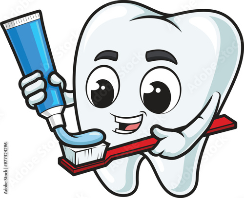 Cartoon tooth putting toothpaste on toothbrush vector illustration