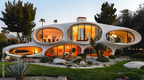 Retro-futuristic space age house, 1960s vision: A sleek, retro-futuristic house from the 1960s stands as a testament to a bygone era's optimistic vision of the future, with its bold curves and  photo