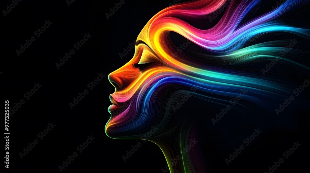 Abstract Woman Face with Rainbow Lines and Waves Abstract Woman Face with Rainbow Lines and Waves