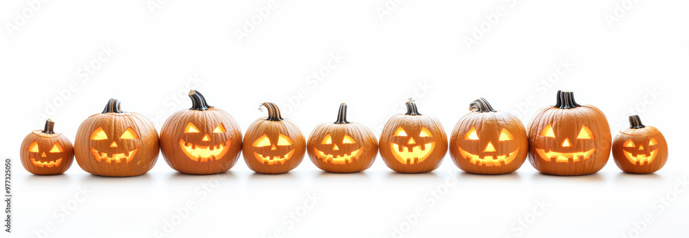 Set of scary Jack O Lantern Halloween pumpkins on white background. Funny and spooky orange carved pumpkin. Set of scary Jack O Lantern Halloween pumpkins on white background. Funny and spooky orange carved pumpkin.