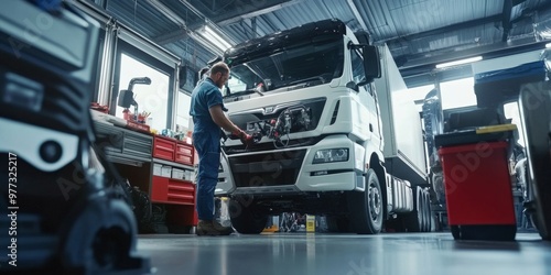 photo of mechanic repairing, servicing, cleaning truck, modern and clean workshop