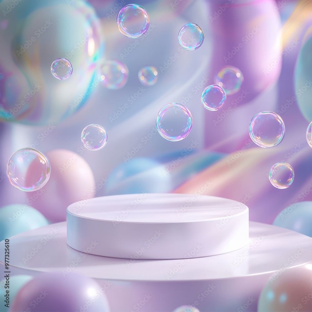 Smooth white platform in a whimsical, pastel pink setting with floating bubbles. Product advertisement & promotion concept. Smooth white platform in a whimsical, pastel pink setting with floating bubbles. Product advertisement & promotion concept.