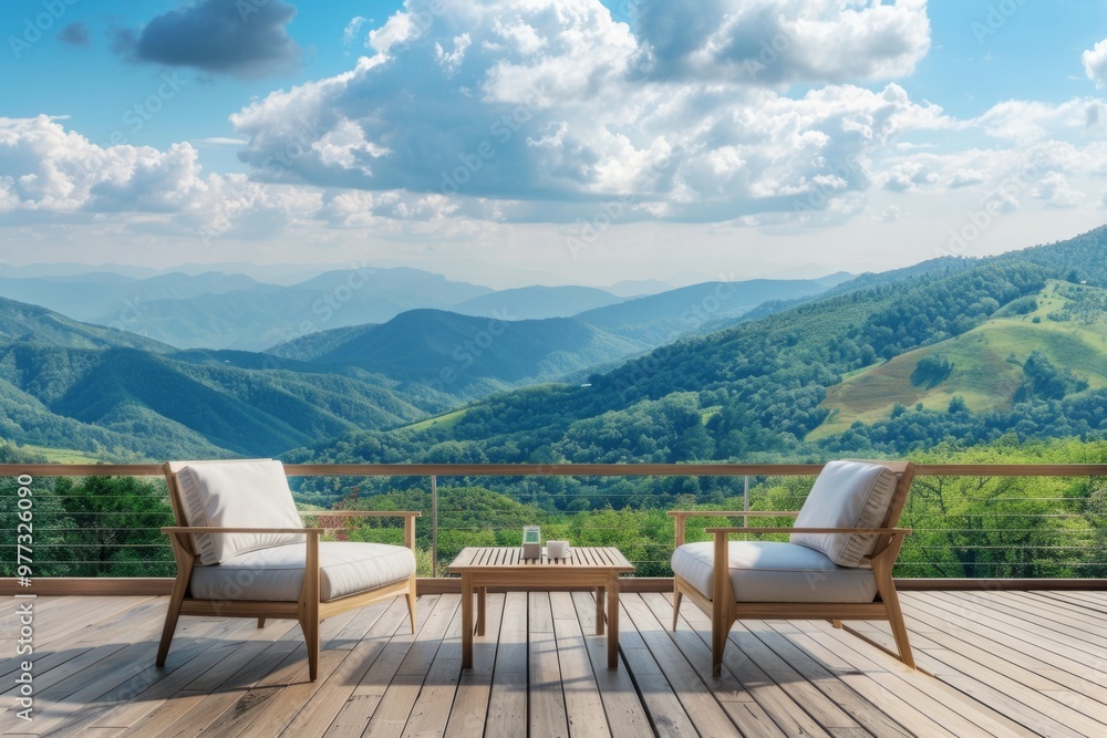 Fototapeta premium Enjoy breathtaking views from this cozy outdoor seating area. Perfect for relaxation and contemplation. A blend of nature and modern design awaits you. Generative AI