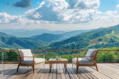 Enjoy breathtaking views from this cozy outdoor seating area. Perfect for relaxation and contemplation. A blend of nature and modern design awaits you. Generative AI