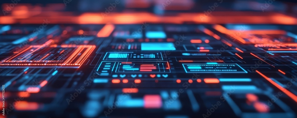 Obraz premium Interactive UI wireframe creators, glowing holographic elements, tech-focused environment