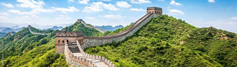 A breathtaking view of the Great Wall of China winding over lush green hills under a bright blue sky. A breathtaking view of the Great Wall of China winding over lush green hills under a bright blue sky.