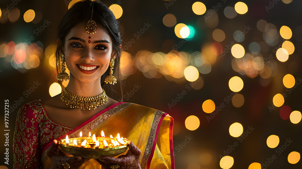 Smiling Woman Holding Diyas for Diwali Celebration Smiling Woman Holding Diyas for Diwali Celebration
