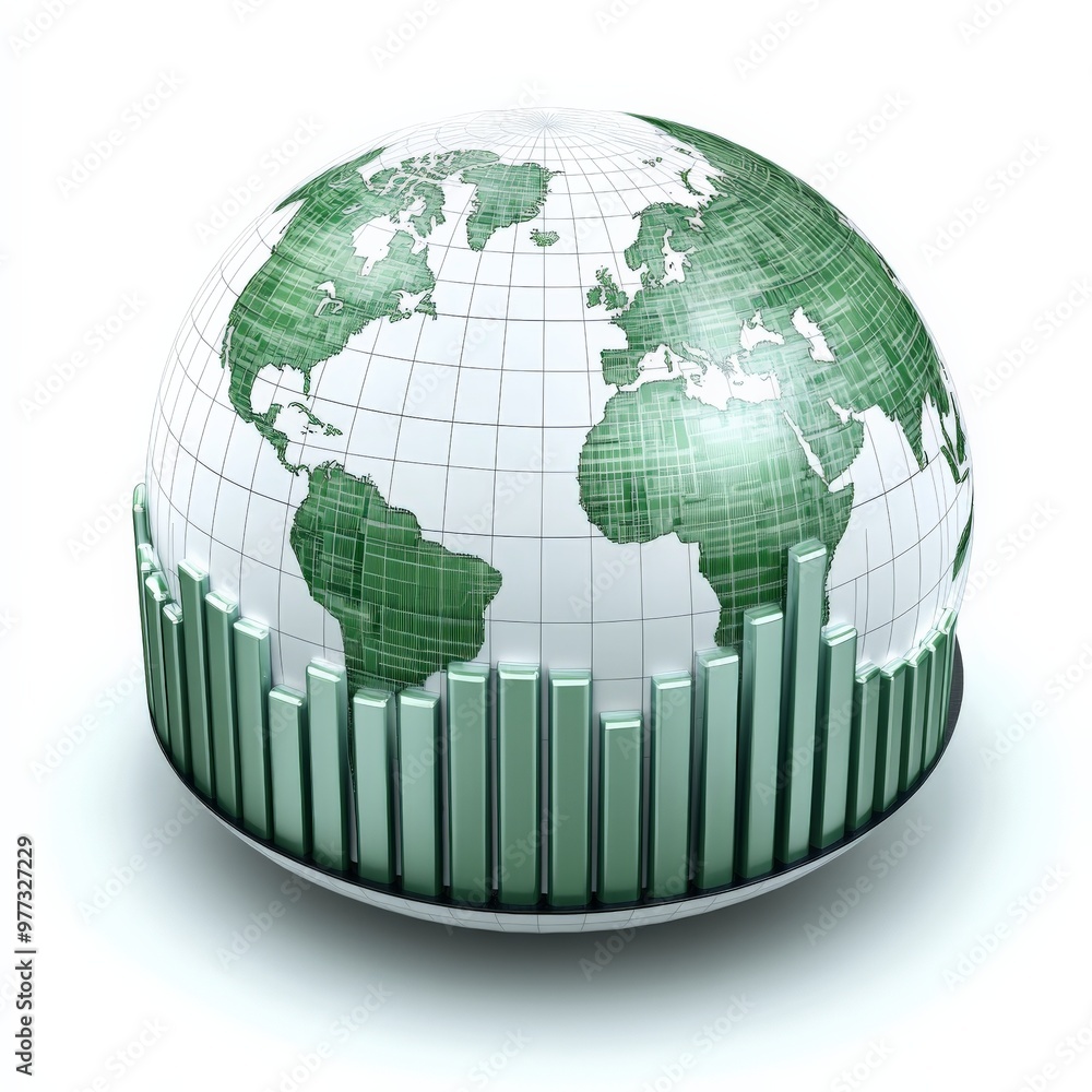 Global Growth on the Rise: A stylized green globe encircled by upward trending bar graphs, symbolizing positive economic development and worldwide financial progress. Global Growth on the Rise: A stylized green globe encircled by upward trending bar graphs, symbolizing positive economic development and worldwide financial progress.