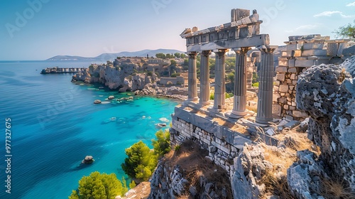 Ancient Greek acropolis overlooking Mediterranean sea: The ruins of an ancient Greek acropolis tower over the sparkling Mediterranean, its marble columns and temples echoing the glory of a bygone 