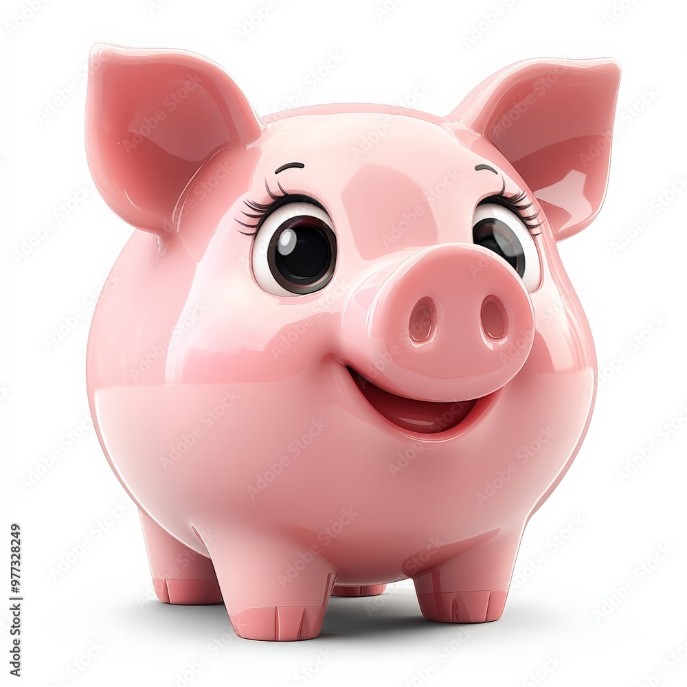 Happy Piggy Bank: A cheerful pink piggy bank with big eyes and a wide smile, a charming symbol of saving, financial planning, and prosperity. The piggy bank is isolated against a white background. Happy Piggy Bank: A cheerful pink piggy bank with big eyes and a wide smile, a charming symbol of saving, financial planning, and prosperity. The piggy bank is isolated against a white background.