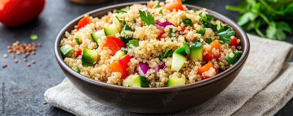 Bowl of quinoa salad with mixed vegetables and a sprinkle of seeds, nutrient-dense brain food, wholesome meal. Bowl of quinoa salad with mixed vegetables and a sprinkle of seeds, nutrient-dense brain food, wholesome meal.