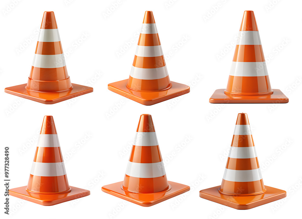 Set of traffic cones isolated on transparent background. The concept of safety and road markings. Set of traffic cones isolated on transparent background. The concept of safety and road markings.