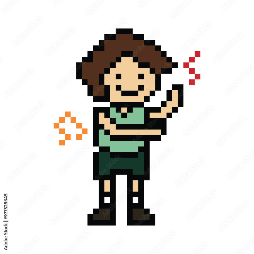 Obraz premium Cute pixel cartoon 8bit character man exercises training dance lifestyle music decoration life style 8 bit male boy dance with music game fitness isolated PNG vector.