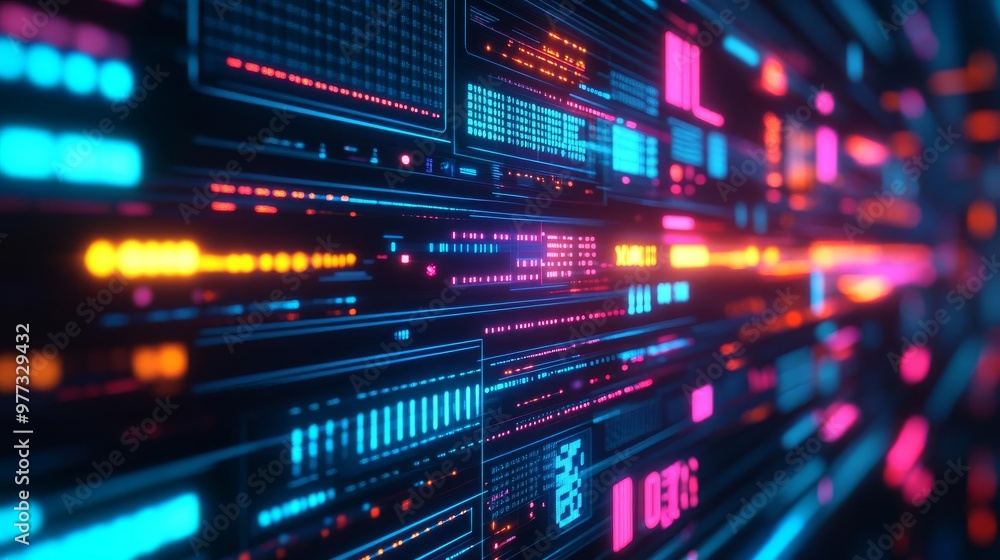 Quantum-enhanced UI design systems, neon particle effects, futuristic digital room Quantum-enhanced UI design systems, neon particle effects, futuristic digital room