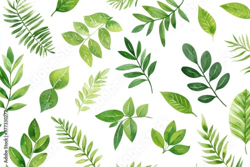 Wallpaper Mural Seamless pattern with green leaves on a white background, vector illustration. No people, no humans, only plants, only foliage, no flowers. Watercolor painting with soft and delicate colors, detailed  Torontodigital.ca